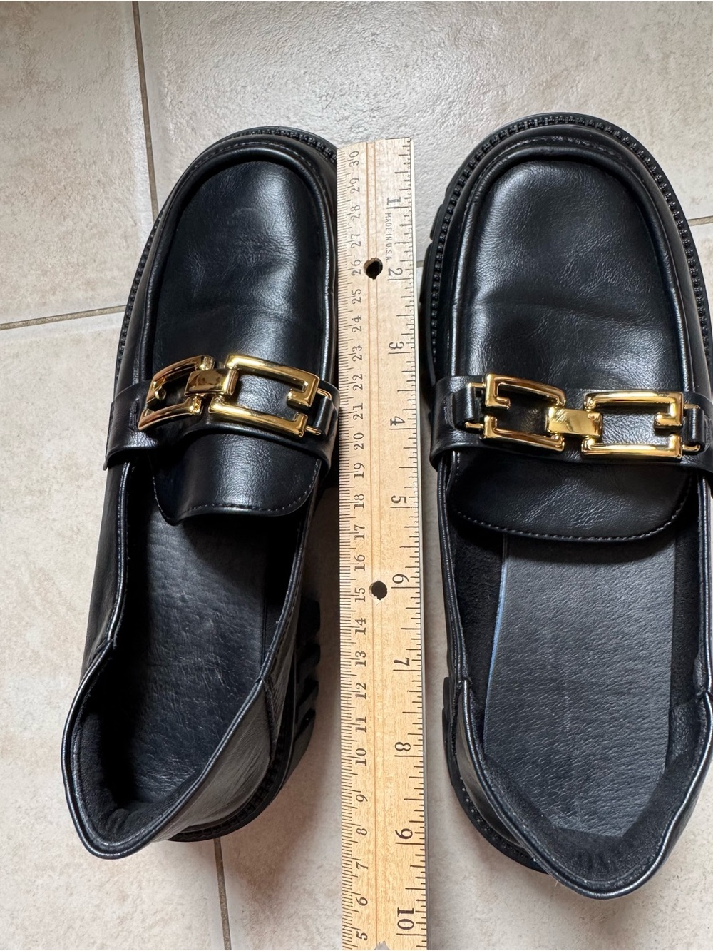 Women’s Black Leather Loafers with Gold Buckle